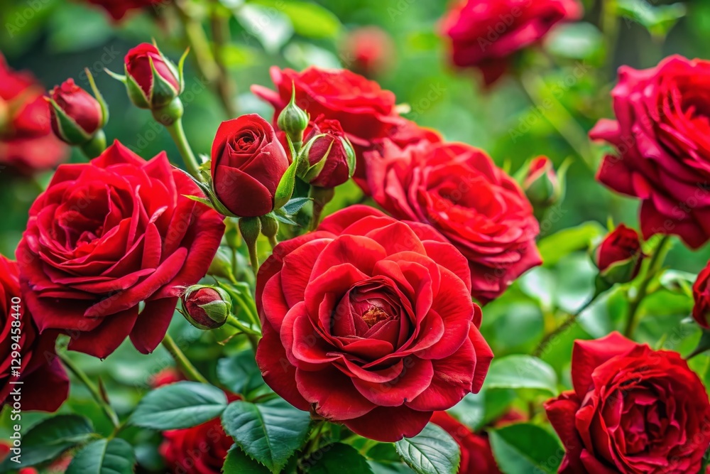 Close-up Blooming Red Roses with Buds, Lush Green Bush Background - Garden Flowers Close-up Blooming Red Roses with Buds, Lush Green Bush Background - Garden Flowers