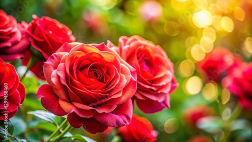 Close-Up Blooming Rose Flowers, Vibrant Red Petals, Garden Photography