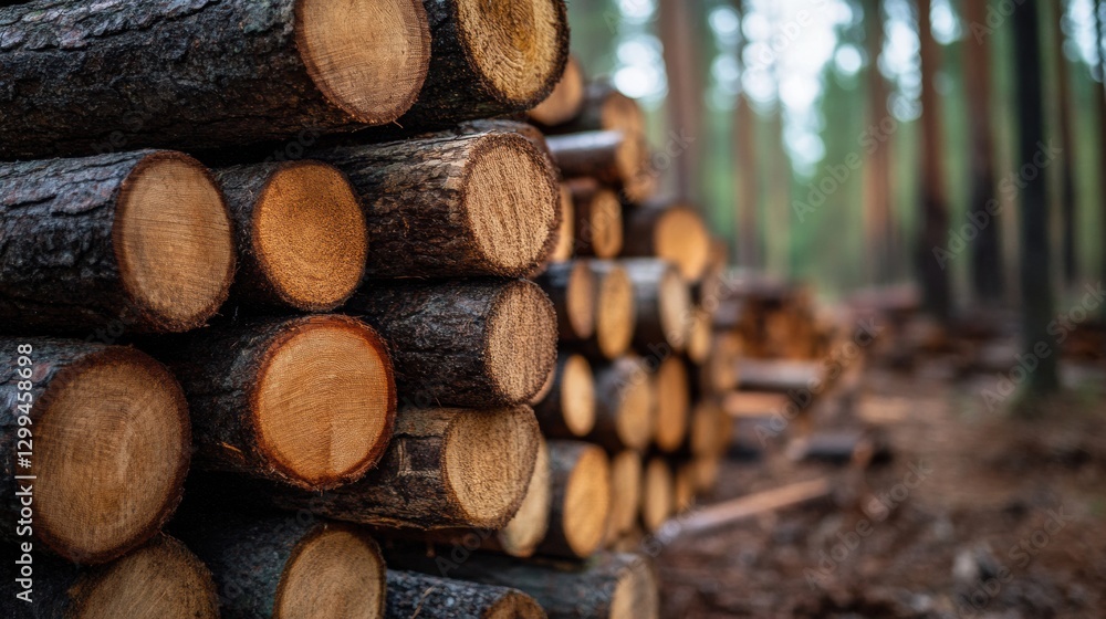 Stacked logs in a serene forest setting amid tall trees during early morning light Stacked logs in a serene forest setting amid tall trees during early morning light