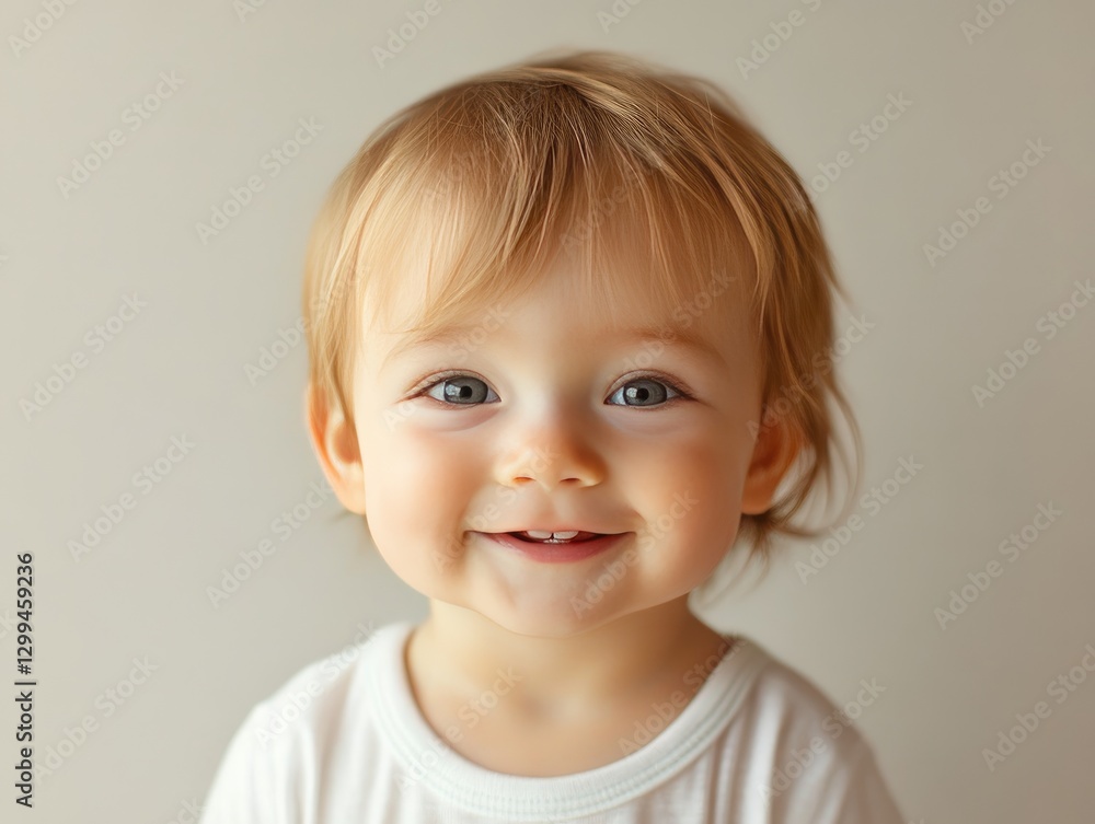 A cheerful toddler is smiling wide, radiating joy and innocence. Soft natural light highlights the child's happy expression against a simple, neutral background A cheerful toddler is smiling wide, radiating joy and innocence. Soft natural light highlights the child's happy expression against a simple, neutral background
