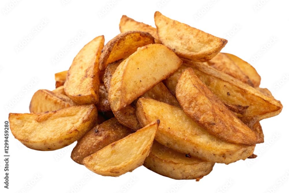 Homemade baked potato wedges, fry potatoes, isolated on white background.
Homemade baked potato wedges, fry potatoes, isolated on white background.