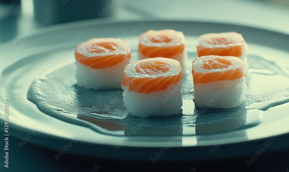 Close-up of fresh sushi rolls neatly arranged on a ceramic plate, soft natural light enhancing the vibrant colors, clean and appetizing, sharp and detailed Close-up of fresh sushi rolls neatly arranged on a ceramic plate, soft natural light enhancing the vibrant colors, clean and appetizing, sharp and detailed