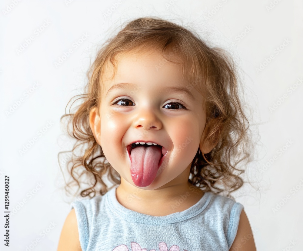 A cheerful toddler with curly hair enjoys a moment of joy, sticking out their tongue while smiling brightly. Soft natural light enhances their innocent expression A cheerful toddler with curly hair enjoys a moment of joy, sticking out their tongue while smiling brightly. Soft natural light enhances their innocent expression