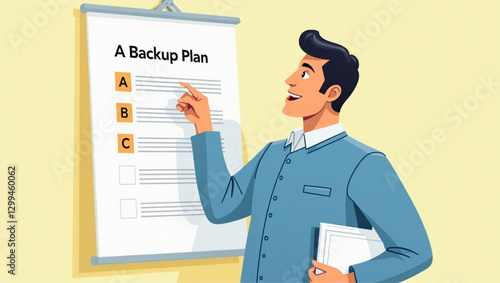 Businessperson Selecting a Backup Plan, Evaluating Options A, B, C, D, Emphasizing Contingency Planning and Strategic Decision-Making