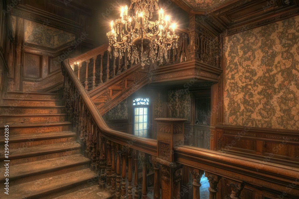 Obraz premium Forgotten Mansion with Grand Staircase A decaying Victorian mansion with a grand wooden staircase covered in dust and fallen debris