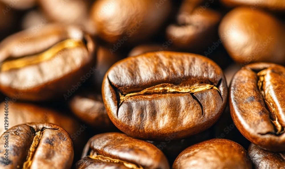 Macro close-up of roasted coffee beans, illuminated by warm ambient light highlighting their rich textures and natural details Macro close-up of roasted coffee beans, illuminated by warm ambient light highlighting their rich textures and natural details