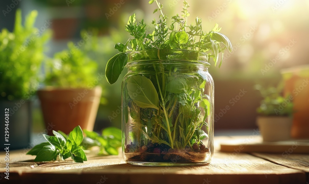Macro shot of vibrant fresh herbs placed in a small glass jar illuminated by soft sunlight emphasizing their texture and organic freshness Macro shot of vibrant fresh herbs placed in a small glass jar illuminated by soft sunlight emphasizing their texture and organic freshness