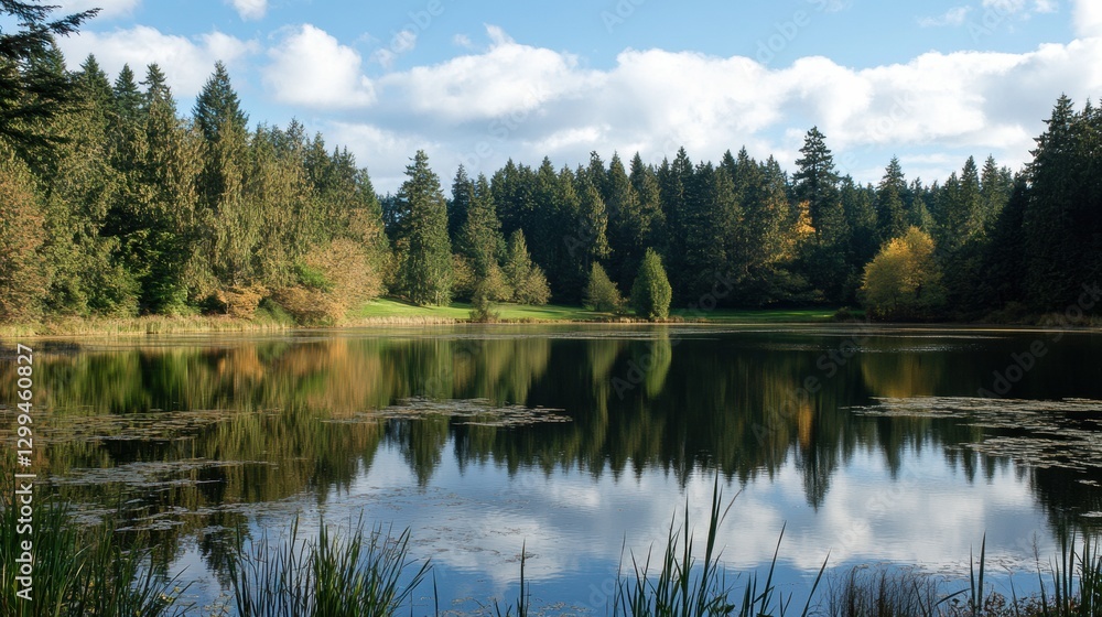Serene lake surrounded by lush trees and reflections on a clear day in a forested area Serene lake surrounded by lush trees and reflections on a clear day in a forested area