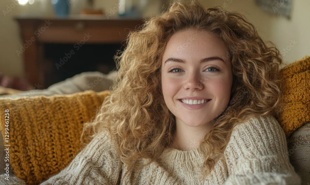 Portrait of a joyful young woman with curly hair, smiling brightly in a cozy living room with soft lighting. Portrait of a joyful young woman with curly hair, smiling brightly in a cozy living room with soft lighting.