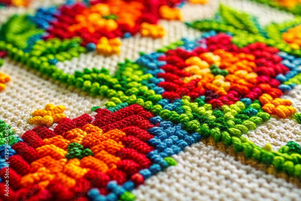 Close-Up of Colorful Alphabet Cross Stitch Embroidery - Detailed Craft Texture Close-Up of Colorful Alphabet Cross Stitch Embroidery - Detailed Craft Texture