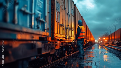 Worker inspects cargo train at night