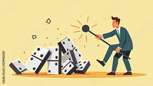 Collapsing Dominoes and Wrecking Ball Illustrating Disastrous Business Crisis and Risk Concept
