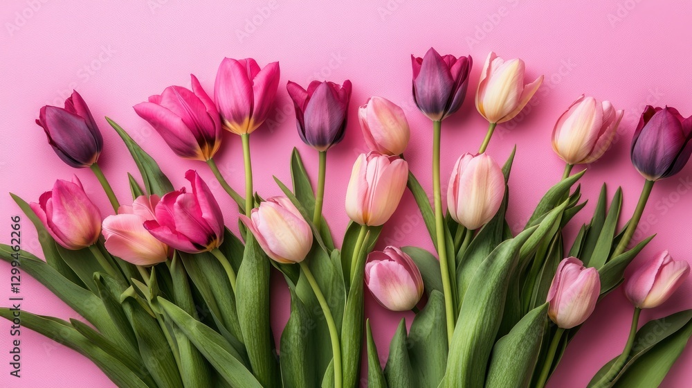 Fototapeta premium A bunch of tulips in shades of pink and purple, beautifully arranged on a pink backdrop, symbolizing elegance and charm.
