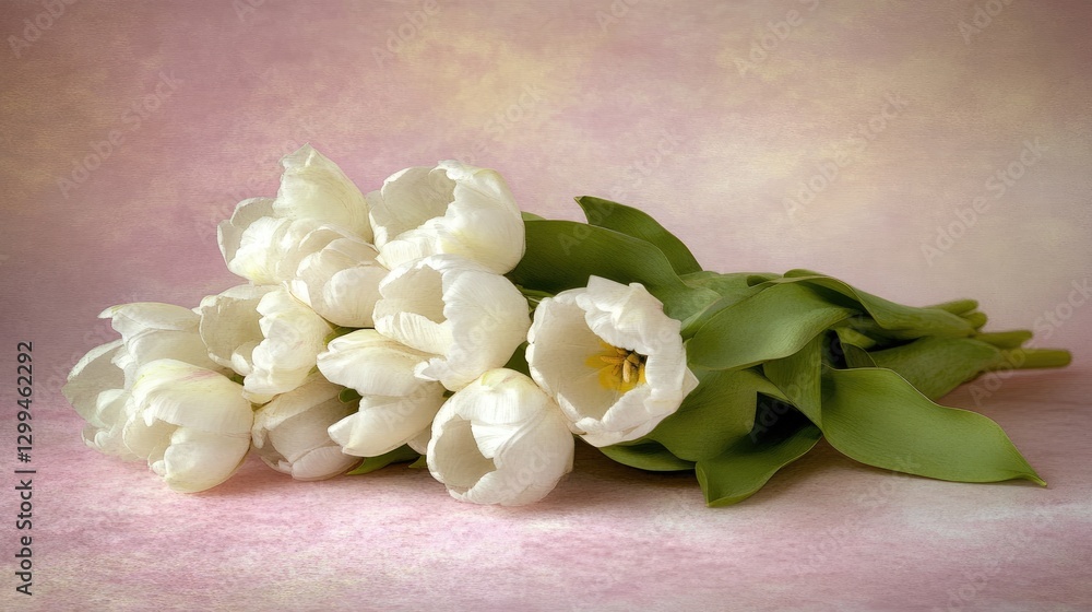 A charming arrangement of fresh tulips with green leaves, placed on a pastel pink surface, creating a soft and romantic floral scene. A charming arrangement of fresh tulips with green leaves, placed on a pastel pink surface, creating a soft and romantic floral scene.