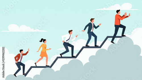 Competitive Business Team Climbing Ladder on Cloud, Illustrating Corporate Rivalry and Aspiration for Success