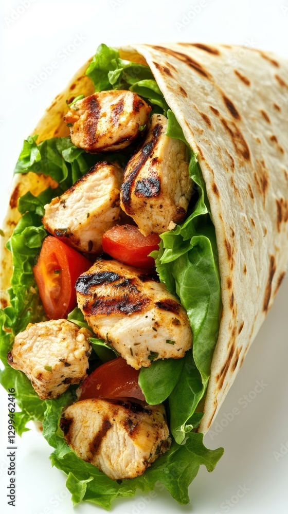 Grilled chicken wrap with fresh vegetables and herbs served in a soft tortilla Grilled chicken wrap with fresh vegetables and herbs served in a soft tortilla