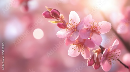 Cherry blossoms bloom brightly in spring sunlight, showcasing vibrant pink petals and delicate stamens against a soft background