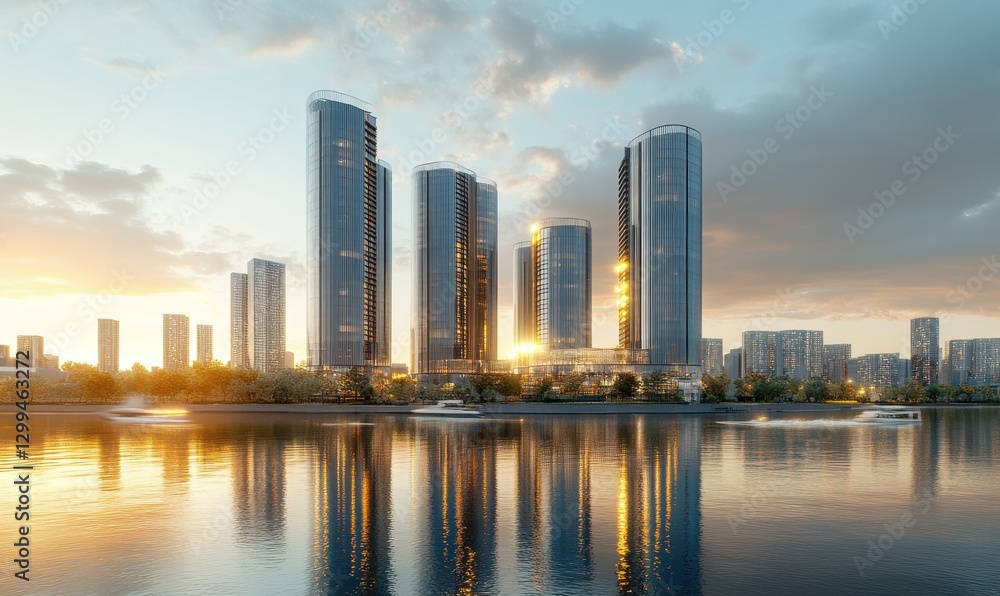 Fototapeta premium Bold architectural skyline with sleek glass buildings reflecting warm golden light from the setting sun, creating a modern urban landscape .