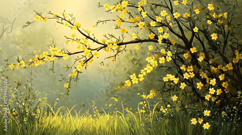 A forsythia bush with branches heavy with yellow blooms, surrounded by fresh green grass and early spring flowers.