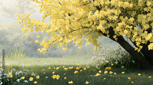 A forsythia bush with branches heavy with yellow blooms, surrounded by fresh green grass and early spring flowers.