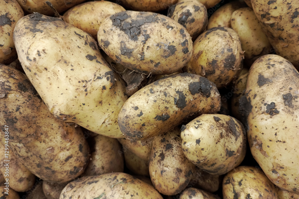 Freshly harvested potatoes piled in a basket at a local market Freshly harvested potatoes piled in a basket at a local market