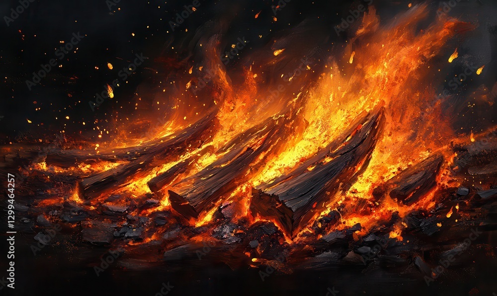 Dynamic flames consuming firewood against a dark backdrop, illuminated by glowing light, evoking energy and intensity in a bold composition Dynamic flames consuming firewood against a dark backdrop, illuminated by glowing light, evoking energy and intensity in a bold composition