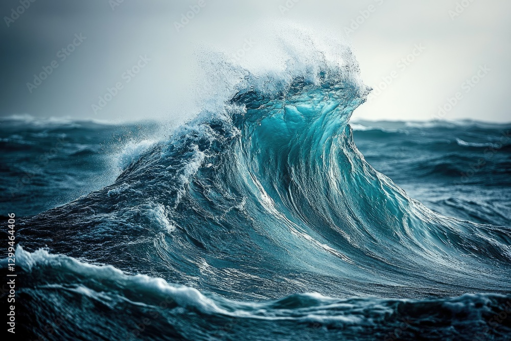 A majestic, powerful ocean wave crests, showcasing its turquoise depths and dynamic energy. A majestic, powerful ocean wave crests, showcasing its turquoise depths and dynamic energy.