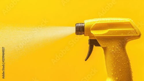 A detailed close-up of an all-purpose cleaner's nozzle and label, isolated on a bright yellow background, highlighting its modern design and high-performance formula.