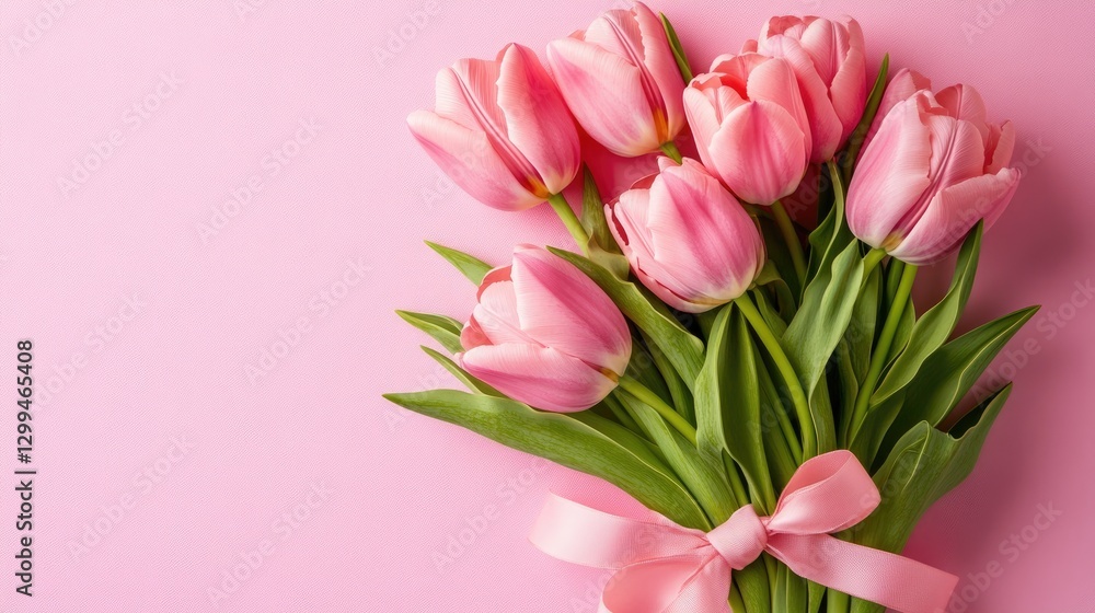 A dreamy bouquet of pink tulips gently tied with a ribbon, placed on a pastel pink backdrop for a soft aesthetic. A dreamy bouquet of pink tulips gently tied with a ribbon, placed on a pastel pink backdrop for a soft aesthetic.