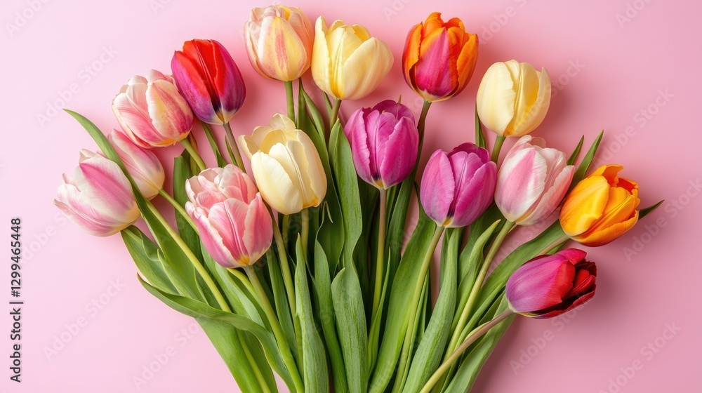 A dreamy floral setting with a vibrant tulip bouquet on a soft pink background, ideal for spring themes. A dreamy floral setting with a vibrant tulip bouquet on a soft pink background, ideal for spring themes.