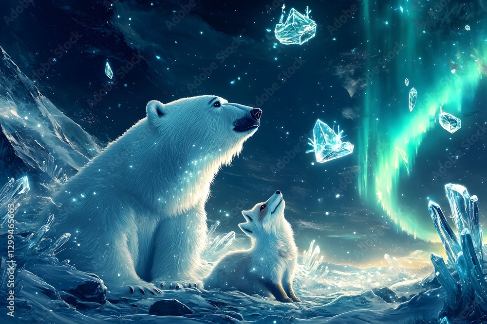 Fototapeta premium Stunning Aurora Borealis Lights and Polar Bears in Captivating Arctic Winter Landscape