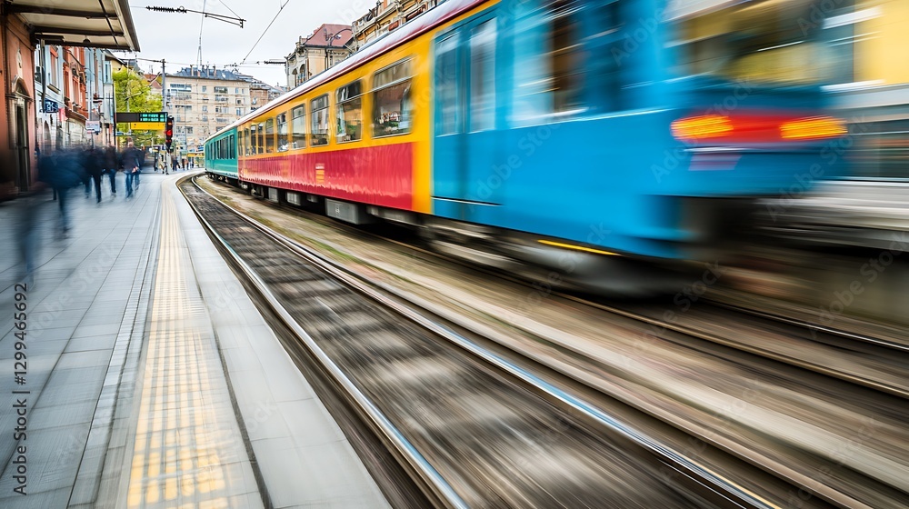 Naklejka premium A colorful train is speeding fast along the train tracks