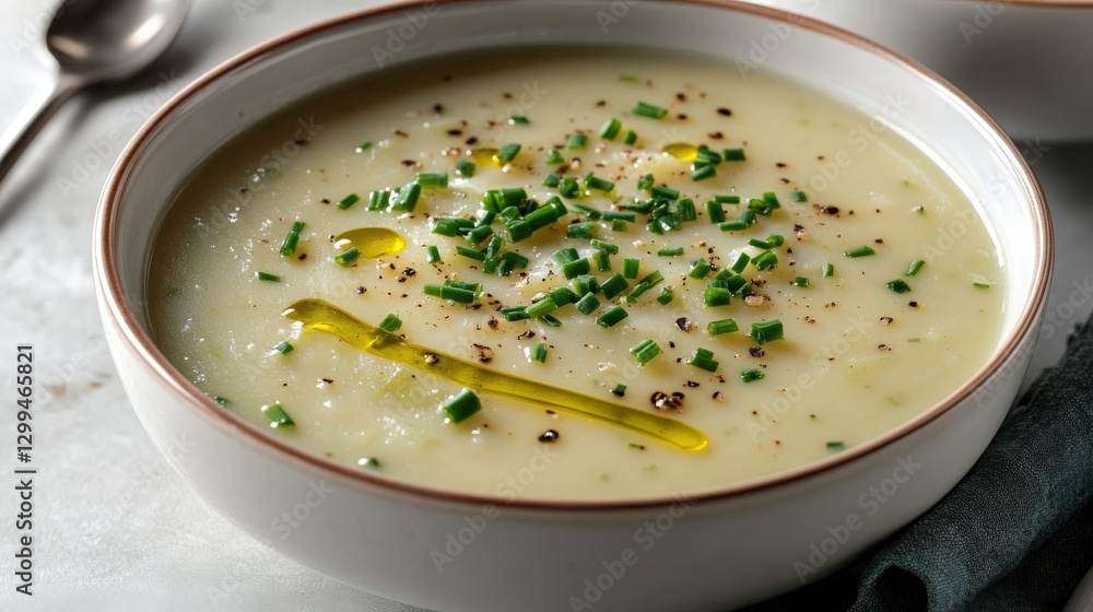 Creamy leek and potato soup garnished with chives and olive oil in a minimalist bowl Creamy leek and potato soup garnished with chives and olive oil in a minimalist bowl