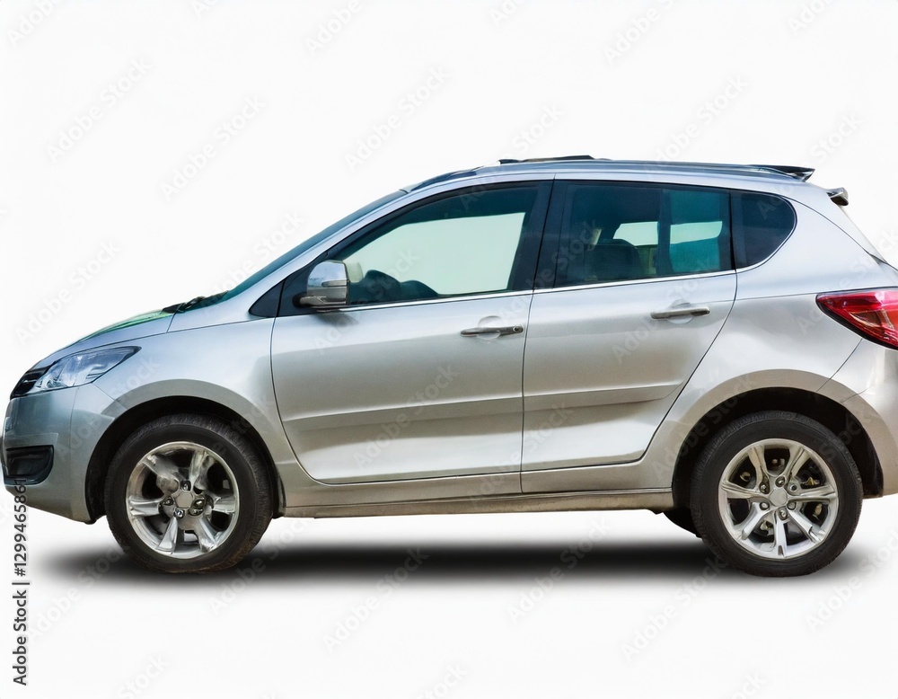Silver Compact Car: Side View Isolated on White Background Silver Compact Car: Side View Isolated on White Background