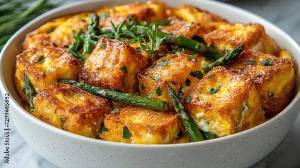 Delicious fluffy asparagus and goat cheese frittata garnished with fresh herbs Delicious fluffy asparagus and goat cheese frittata garnished with fresh herbs