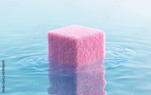 Pink fluffy cube floating on water