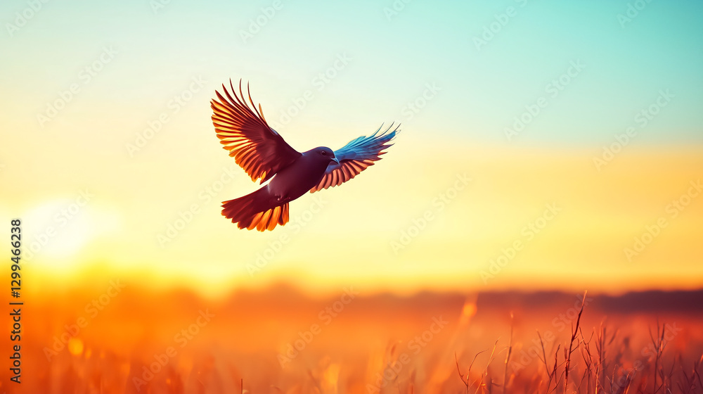 Bird in flight soars across a vibrant sunset sky, golden hour illuminating its wings as it navigates the vast expanse above. Bird in flight soars across a vibrant sunset sky, golden hour illuminating its wings as it navigates the vast expanse above.