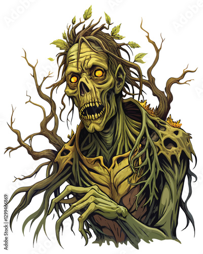 A decaying zombie, partially absorbed by gnarled, interwoven tree roots, amidst a dark, decaying forest floor; focus on the dissolving flesh and root entanglement.