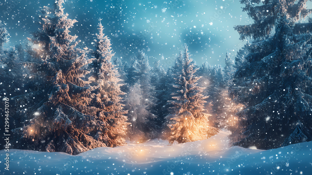 Snow-covered pine trees in a winter forest with falling snow and sparkling lights. Silence - Desert. Illustration Snow-covered pine trees in a winter forest with falling snow and sparkling lights. Silence - Desert. Illustration