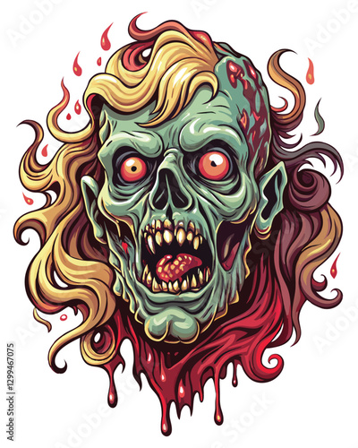 A decaying zombie face dissolves into vibrant, swirling ink blots; detailed, grotesque, surreal, dark fantasy art.