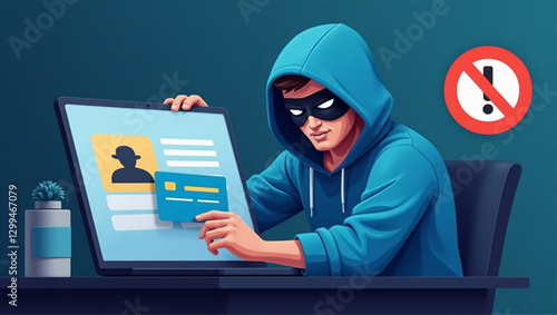 Hacker stealing credit card information online, cybercrime prevention concept with prohibition sign, stop internet fraud and financial scams