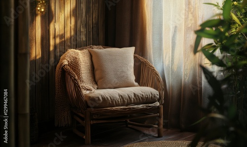 Cozy wicker chair bathed in sunlight with green plant.