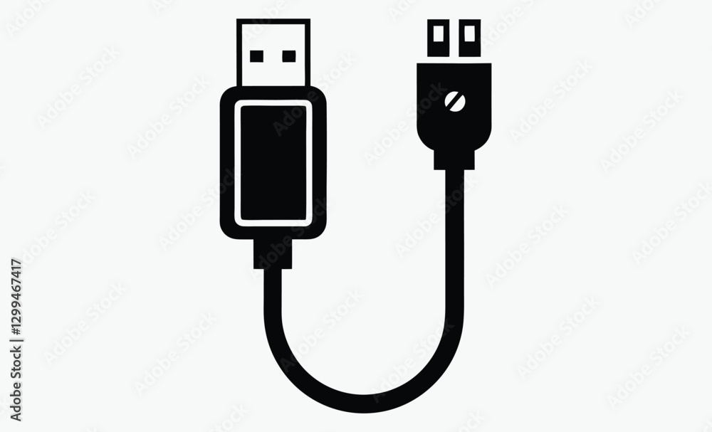 USB cable silhouette, charging cord vector, black and white icon USB cable silhouette, charging cord vector, black and white icon