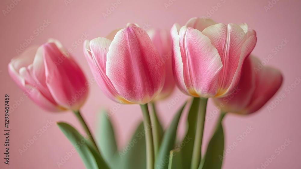 A graceful floral arrangement of tulips, their petals open in full bloom, sitting on a soft pink backdrop. A graceful floral arrangement of tulips, their petals open in full bloom, sitting on a soft pink backdrop.
