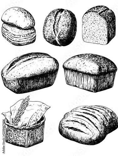 Variety of different types of bread displayed in a rustic and artistic style on a white background