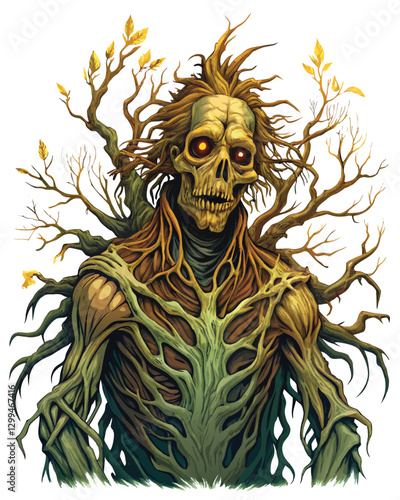 A decaying zombie figure is consumed and absorbed by a dense, interwoven network of gnarled tree roots and soil, emphasizing decomposition and nature's reclamation.