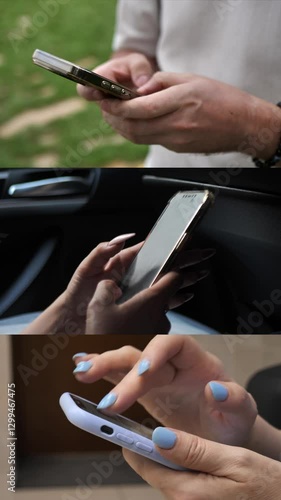 hands of people using mobile phone. Collage