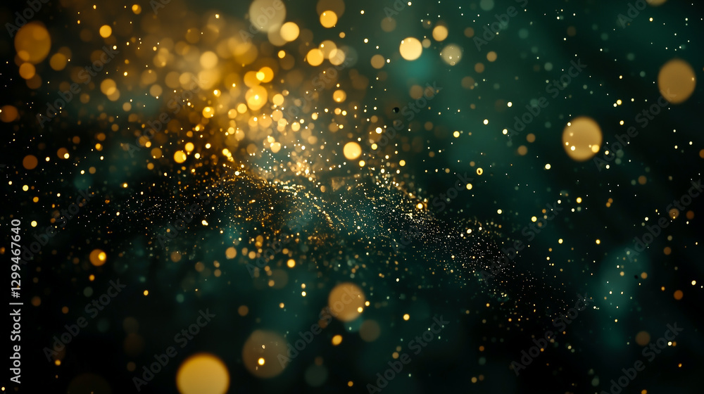 Obraz premium Golden light glimmers and dances across a dark emerald backdrop, creating a magical and festive atmosphere. 