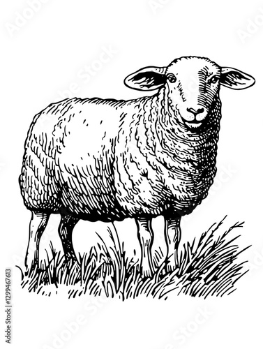Sheep standing in a grassy field, displaying typical rural farm life with detailed wool texture and natural surroundings