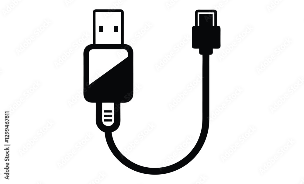 USB cable silhouette, charging cord vector, black and white icon USB cable silhouette, charging cord vector, black and white icon